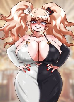 1girl bear_hair_ornament blonde_hair blue_eyes breasts bridal_gauntlets cleavage curvy danganronpa_(series) dress enoshima_junko female_focus hair_ornament hands_on_own_hips highres huge_breasts long_hair looking_at_viewer nail_polish seireiart solo twintails two-tone_dress wide_hips