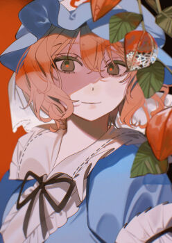 1girl absurdres black_ribbon blue_hat blue_kimono brown_eyes closed_mouth collared_kimono commentary_request frilled_kimono frills hair_between_eyes hat highres japanese_clothes kimono leaf looking_at_viewer mob_cap neck_ribbon pink_hair red_background red_pupils ribbon saigyouji_yuyuko shi_chimi short_hair simple_background sleeve_garter smile solo touhou triangular_headpiece upper_body veil