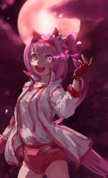 1girl animal_ears bow breasts buruma cloud ear_bow ear_covers eye_trail fingerless_gloves flower-shaped_pupils flower_in_eye full_moon gloves hairband haru_urara_(bestest_prize)_(umamusume) haru_urara_(umamusume) headband highres horse_ears horse_girl horse_tail inishie_kumo jacket light_trail long_hair looking_at_viewer moon open_mouth pink_buruma pink_eyes pink_hair pink_headband ponytail red_buruma red_gloves red_headband shirt sky smile solo symbol-shaped_pupils symbol_in_eye tail umamusume white_jacket white_shirt