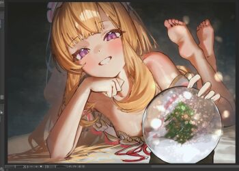 barefoot bed betabeet blonde_hair breasts cagliostro_(granblue_fantasy) dress granblue_fantasy heart heart-shaped_pupils looking_at_viewer lying on_stomach purple_eyes small_breasts smile symbol-shaped_pupils white_dress