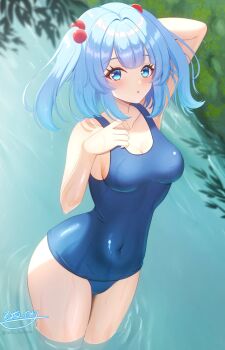 1girl blue_eyes blue_hair blush breasts day hair_bobbles hair_ornament highres hyakuya_iori kawashiro_nitori looking_at_viewer medium_breasts outdoors river school_swimsuit short_hair smile solo swimsuit touhou two_side_up water