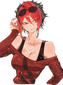 1girl asymmetrical_eyes black_hair black_tank_top breasts cleavage collarbone earrings eyelashes eyeshadow eyewear_on_head hair_between_eyes highres jewelry large_breasts long_sleeves looking_to_the_side makeup multicolored_hair narrowed_eyes necklace off_shoulder original red_eyes red_hair red_shirt shirt short_hair sidelocks sleeves_past_wrists slit_pupils solo sunglasses tank_top two-tone_hair upper_body usa37107692 wolf_cut