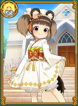 1girl animal_ears black_eyes brown_hair church commentary_request door dress fake_animal_ears japanese_clothes long_skirt outdoors raccoon_ears raccoon_girl raccoon_tail short_hair skirt stairs tail tanuko twintails uchako uchi_no_hime-sama_ga_ichiban_kawaii wedding_dress