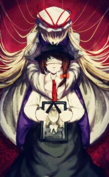 3girls absurdres bandages bandages_over_eyes black_sheep_(artist) black_skirt blonde_hair brown_hair crying dress hair_ribbon hat highres hug hug_from_behind iei long_hair long_sleeves looking_at_another lying lying_on_person maribel_hearn medium_hair mob_cap multiple_girls on_back portrait_(object) purple_tabard ribbon shirt single_sidelock sitting skirt tabard touhou usami_renko very_long_hair wariza white_dress white_shirt yakumo_yukari