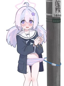 1girl 7kdkk6 @_@ ahoge bdsm bicycle_lock blue_archive blue_hair blue_jacket blue_neckerchief blue_panties blush bondage bound bow bow_panties cuffed cuffs embarrassed feet_out_of_frame grey_shirt hair_between_eyes hair_ornament halo handcuffed handcuffs hands_up highres jacket knees_together_feet_apart loli long_hair long_sleeves looking_at_viewer low_twintails multicolored_hair navel neckerchief nervous_sweating no_pants open_clothes open_jacket open_mouth panties pink_hair pink_halo pink_panties predicament_bondage reisa_(blue_archive) sailor_collar shirt simple_background solo standing star_(symbol) star_hair_ornament star_halo stomach striped_clothes striped_panties sweat sweatdrop thigh_gap thighs trapped twintails two-tone_hair two-tone_panties underwear utility_pole white_background white_sailor_collar