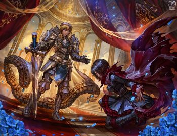 1boy 1girl armor black_dress black_pantyhose blonde_hair blue_eyes blue_flower boots bow cape closed_eyes closed_mouth commentary commission dress english_commentary flower frilled_dress frills full_body gauntlets greaves highres holding holding_sword holding_weapon indoors jaune_arc knee_boots knight long_sleeves pantyhose pauldrons petals red_cape curtains red_hair ruby_rose rwby sa-dui short_hair shoulder_armor smile standing sword weapon white_cape