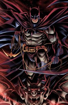 1boy batman batman_(series) belt_pouch biceps black_cape bodysuit boots cape closed_mouth commentary covered_pectorals dc_comics english_commentary gargoyle gloves grey_bodysuit holding looking_at_viewer male_focus mask muscular muscular_male pectorals pouch sergacuna solo superhero_costume