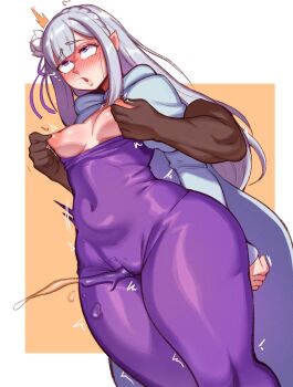 1boy 1girl alternate_breast_size_(smaller) arms_behind_back blush bodysuit braid breasts cameltoe cape covered_navel crown_braid dark-skinned_male dark_skin elf emilia_(re:zero) eyebrows_hidden_by_hair feet_out_of_frame female_orgasm flower flower_on_head grabbing_another&#039;s_breast grabbing_from_behind grey_hair groping hetero interracial lips long_hair nipples open_mouth orange_background orgasm pointy_ears purple_bodysuit purple_eyes pussy_juice re:zero_kara_hajimeru_isekai_seikatsu rolling_eyes simple_background small_breasts solo_focus sooradraws standing torn_bodysuit torn_clothes torogao two-tone_background very_dark_skin white_background white_cape wide_hips