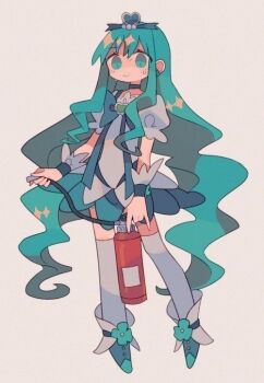 1girl ankle_flower anklet aqua_eyes aqua_flower aqua_hair blue_bow blue_bowtie blue_choker blue_flower blue_ribbon blue_skirt blue_wrist_cuffs blush_stickers bow bowtie brooch buttons choker closed_mouth cure_marine daizu_(melon-lemon) dress earrings eyelashes flower flower_dress flower_earrings flower_skirt frilled_sleeves frilled_wrist_cuffs frills full_body grey_background hair_between_eyes hair_bobbles hair_ornament hair_ribbon heart heart_brooch heart_hair_ornament heartcatch_precure! holding_fire_extinguisher jewelry kurumi_erika long_hair long_sidelocks looking_at_viewer magical_girl miniskirt nervous nervous_smile nervous_sweating precure puffy_short_sleeves puffy_sleeves ribbon short_dress short_sleeves sidelocks simple_background skirt skirt_under_dress smile solo standing sweat tareme thighhighs third-party_source very_long_hair wavy_hair white_dress white_thighhighs wrist_cuffs wrist_flower zettai_ryouiki