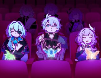 2girls 4girls anaxa_(honkai:_star_rail) black_coat black_shirt blue_eyes bug coat commentary company_connection cyrene_(aedes_elysiae)_(honkai:_star_rail) cyrene_(honkai:_star_rail) elf elysia_(honkai_impact) elysia_(miss_pink_elf)_(honkai_impact) eyepatch hair_ornament highres hino_satoshi honkai:_star_rail honkai_(series) honkai_impact_3rd indoors inoue_marina kevin_kaslana long_hair movie_theater multicolored_hair multiple_girls phainon_(honkai:_star_rail) pink_hair pointy_ears shirt short_hair sitting smile su_(honkai_impact) sweeetcakess symbol-only_commentary two-tone_hair very_long_hair voice_actor_connection white_coat white_hair yanning