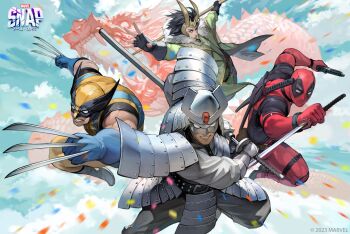 absurdres armor bodysuit claws deadpool highres japanese_armor loki_(marvel) male_focus marvel mask mask_on_head multiple_boys samurai silver_samurai superhero_costume takayama_toshiaki wolverine_(x-men)