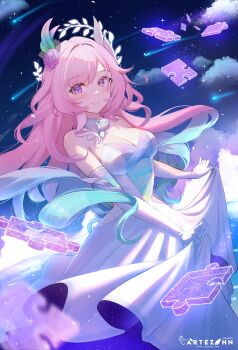 1girl absurdres alternate_costume artezahn artist_name bare_shoulders blue_hair breasts cleavage closed_mouth commentary commentary_request cyrene_(honkai:_star_rail) diamond-shaped_pupils diamond_(shape) dress elbow_gloves english_commentary flower gloves gradient_hair hair_flower hair_ornament highres honkai:_star_rail honkai_(series) large_breasts light_blush looking_at_viewer multicolored_hair pink_flower pink_hair pink_rose purple_eyes rose smile solo strapless strapless_dress symbol-shaped_pupils white_dress white_gloves