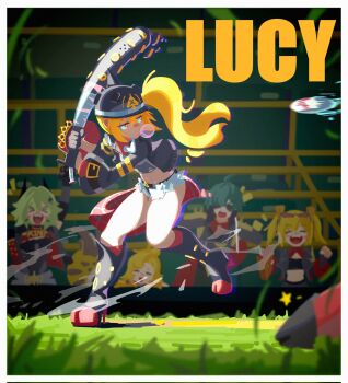 Rule 34 | 1boy, 4girls, 666hidemoonbird, ball, baseball, baseball (object), baseball bat, black boots, black gloves, black helmet, black jacket, black shirt, black shorts, blonde hair, blowing bubble gum, boots, burnice white, caesar king (zenless zone zero), character name, chewing gum, combat helmet, commentary, crop top, crossed bangs, english commentary, fur-trimmed shorts, fur trim, gloves, grass, hair between eyes, half gloves, helmet, highres, holding, holding baseball bat, jacket, leg up, lighter (zenless zone zero), luciana de montefio, mask, mask around neck, metal baseball bat, micro shorts, midriff, multiple girls, navel, pickelhaube, piper wheel, red eyes, respirator, shirt, shorts, shout lines, side ponytail, standing, standing on one leg, star (symbol), torn clothes, torn shirt, zenless zone zero