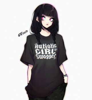 1girl black_hair black_pants black_shirt blunt_bangs braid closed_mouth clothes_writing commentary cowboy_shot english_commentary hands_in_pockets highres looking_to_the_side medium_hair original pants pink_eyes shirt short_sleeves simple_background solo teyoid twin_braids white_background