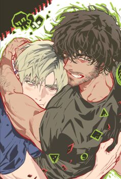 2boys :t arm_around_back arm_around_neck arm_hair black_shirt blonde_hair blue_shirt brown_hair carlos_oliveira closed_mouth commentary_request crew_neck dark-skinned_male dark_skin facial_hair green_eyes grin highres korean_commentary leon_s._kennedy looking_at_another looking_to_the_side male_focus multiple_boys parted_bangs resident_evil resident_evil_2 resident_evil_3:_nemesis shirt short_sleeves skull smile t-shirt teeth umbrella_rpd upper_body