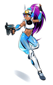 Rule 34 | 1girl, adapted costume, blue eyes, boots, company connection, cosplay, crop top, dark-skinned female, dark skin, ear protection, earrings, female focus, fingerless gloves, gloves, gun, handgun, harem pants, helmet, hoop earrings, jewelry, knee boots, long hair, looking at viewer, midriff, mighty (series), mighty switch force!, navel, pants, patricia wagon, patricia wagon (cosplay), pistol, police, police uniform, policewoman, ponytail, psuede, purple hair, see-through clothes, shantae, shantae: half-genie hero, shantae (series), simple background, smile, solo, very long hair, wayforward, weapon, white background