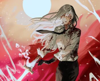 1girl bare_tree black_necktie blackbox_(blackbox9158) burning clenched_teeth collared_shirt colored_extremities cowboy_shot fire glowing glowing_hair holding holding_sword holding_weapon jung_heewon long_hair looking_at_viewer necktie omniscient_reader&#039;s_viewpoint serious shirt sleeves_rolled_up solo standing sun sword teeth third-party_source tree walking_towards_viewer weapon white_hair white_shirt yellow_eyes