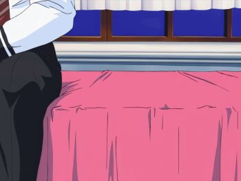 1boy 1girl 2001 animated animated_gif anime_screenshot bed bed_sheet bible_black bible_black_night_of_the_walpulgiss legs minase_taki necktie panties saeki_kaori school_uniform sitting skirt sleeveless tagme thighhighs thighs underwear white_panties