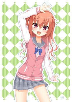 Rule 34 | 1girl, :d, argyle background, arm up, blue bow, blue bowtie, blush, border, bow, bowtie, buttons, commentary request, cowboy shot, eyes visible through hair, green background, grey sailor collar, grey skirt, hair between eyes, happy, highres, inaba meguru, jacket, letterman jacket, long hair, looking at viewer, miniskirt, one side up, open mouth, orange hair, outline, outside border, outstretched hand, pink jacket, plaid clothes, plaid skirt, pleated skirt, red eyes, sailor collar, sanoba witch, school uniform, serafuku, signature, simple background, skirt, sleeves past wrists, smile, solo, wavy hair, white border, white outline, white sleeves, win opz