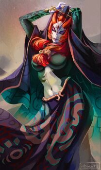 1girl arms_behind_head arms_up black_skin blue_skin breasts closed_eyes closed_mouth colored_skin front_ponytail highres hood iubworks jewelry large_breasts long_hair makeup midna midna_(true) multicolored_skin navel nintendo orange_hair pointy_ears purple_lips smile solo the_legend_of_zelda the_legend_of_zelda:_twilight_princess two-tone_skin