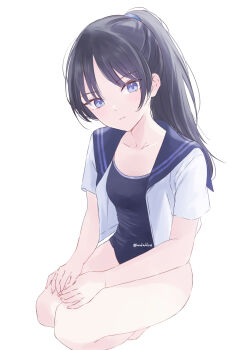 1girl absurdres black_hair black_one-piece_swimsuit black_sailor_collar blue_eyes blush breasts closed_mouth collarbone highres hondahiro long_hair looking_at_viewer one-piece_swimsuit open_clothes open_shirt original ponytail sailor_collar school_swimsuit school_uniform shirt simple_background small_breasts solo swimsuit white_shirt