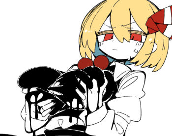 1girl black_skirt black_vest blonde_hair breasts collared_shirt grabbing_own_breast hair_ribbon large_breasts long_sleeves looking_at_breasts massakasama medium_hair red_eyes ribbon rumia shirt skirt solo sweatdrop touhou upper_body vest white_background white_shirt