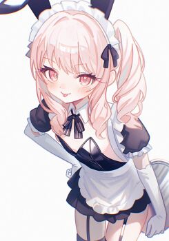 1other :p akiyama_mizuki animal_ears apron bow bowtie bunny_day closed_mouth commentary_request detached_collar dot_nose drill_hair elbow_gloves eyelashes fake_animal_ears flat_chest from_above garter_straps gloves hand_on_own_hip highres holding holding_tray leotard long_hair looking_at_viewer maid maid_apron maid_headdress nontraditional_playboy_bunny other_focus pink_eyes pink_hair playboy_bunny project_sekai puffy_short_sleeves puffy_sleeves rabbit_ears ribbon short_sleeves side_ponytail sidelocks simple_background smile solo strapless strapless_leotard sundi3d thighhighs tongue tongue_out tray white_apron white_background white_gloves
