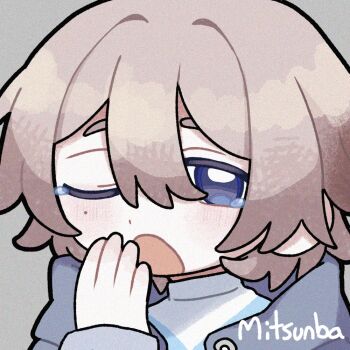 1boy blue_eyes blush close-up commentary covering_own_mouth double-parted_bangs film_grain grey_background grey_hair grey_jacket hair_between_eyes hood hood_down hooded_jacket jacket mitsunba mole mole_under_eye one_eye_closed open_clothes open_jacket open_mouth original portrait shirt signature simple_background solo symbol-only_commentary tearing_up turtleneck turtleneck_shirt white_shirt yawning