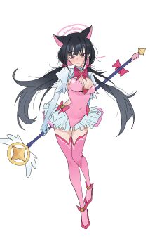 1girl absurdres alternate_costume alternate_hair_length alternate_hairstyle animal_ears black_hair blue_archive blush bow breasts cat_ears cat_girl cleavage closed_mouth colored_inner_animal_ears colored_inner_hair commentary elbow_gloves extra_ears gloves halo highres kazusa_(blue_archive) leotard long_hair looking_at_viewer low_twintails magical_girl medium_breasts multicolored_hair pink_bow pink_hair pink_halo pink_leotard pink_shoes pink_thighhighs riel_(rielilu) shoes shrug_(clothing) sidelocks solo thighhighs twintails two-tone_hair white_gloves white_shrug