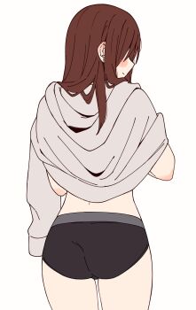 1girl absurdres ass black_panties blush brown_hair covered_eyes cowboy_shot from_behind grey_shirt highres kapatarou long_hair looking_at_viewer looking_back original panties shirt simple_background single_sidelock smile solo thighs underwear white_background
