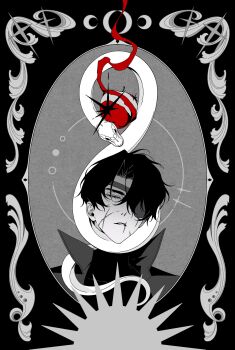 1boy absurdres apple benkdjjituibot black_coat black_hair black_shirt border closed_eyes coat cross_scar curtained_hair double-parted_bangs facing_viewer food fruit hair_between_eyes head_tilt high_collar highres infinity_symbol male_focus noose omniscient_reader's_viewpoint one_eye_covered open_clothes open_coat ornate_border parted_lips popped_collar scar scar_on_face scar_on_mouth shirt snake snake_wrapped_around_neck spot_color symbolism upper_body yoo_joonghyuk yoo_joonghyuk_(999th_turn)