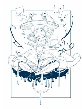 Rule 34 | 1girl, border, commentary request, daitai konna kanji, full body, greyscale, grin, hair ribbon, hat, highres, hoop, indian style, long sleeves, looking at viewer, medium hair, monochrome, moriya's iron rings, moriya suwako, mouth hold, ribbon, shoes, simple background, sitting, smile, solo, teeth hold, too many, touhou, turtleneck, white background, wide sleeves