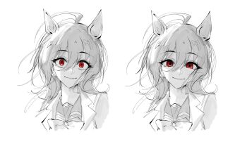 1girl agnes_tachyon_(umamusume) ahoge animal_ears bow bowtie commentary feint721 greyscale hair_between_eyes highres horse_ears horse_girl long_hair looking_at_viewer monochrome multiple_views red_eyes school_uniform smile spot_color tracen_school_uniform umamusume