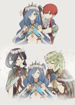 Rule 34 | 1boy, 3girls, ^ ^, absurdres, adol christin, black hair, blue eyes, blue hair, breasts, closed eyes, closed mouth, commentary request, dana iclucia, flower wreath, george man, green hair, highres, long hair, multiple girls, notice lines, olga (ys), open mouth, red hair, sarai (ys), short hair, side ponytail, small breasts, smile, tiara, ys, ys viii: lacrimosa of dana