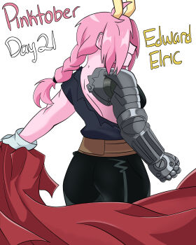 1girl absurdres acidart artist_name ashido_mina ass black_sclera boku_no_hero_academia colored_sclera colored_skin cosplay edward_elric edward_elric_(cosplay) female_focus fullmetal_alchemist highres horns pink_hair pink_skin solo yellow_eyes yellow_horns