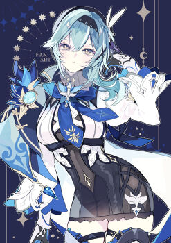 1girl adapted_costume black_gloves black_hairband black_outline black_skirt blue_background blue_cape blue_hair blue_necktie breasts cape chest_harness commentary_request cowboy_shot eula_(genshin_impact) genshin_impact gloves hair_ornament hairband hand_up harness high-waist_skirt highres juliet_sleeves karaage_ha_315 large_breasts long_sleeves looking_at_viewer medium_hair necktie outline parted_lips puffy_sleeves side_cape skirt solo vision_(genshin_impact) white_sleeves wide_sleeves