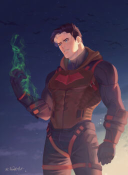 1boy bat_signal batman_(series) batman_symbol black_bodysuit black_gloves black_hair blue_eyes bodysuit dc_comics gloves gotham_knights grey_bodysuit highres hood hooded_vest hoodie jason_todd male_focus multicolored_bodysuit multicolored_hair muscular muscular_male niahti red_hood_(dc) scar short_hair superhero_costume taut_bodysuit two-tone_bodysuit two-tone_hair vest white_hair