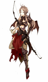 Rule 34 | 1girl, armor, arrow (projectile), bandages, bow (weapon), dragon girl, facial mark, female focus, hair ribbon, long hair, lororo, original, pixiv fantasia, pixiv fantasia 1, pointy ears, ponytail, red eyes, ribbon, silver hair, simple background, solo, tattoo, thighhighs, weapon, wings