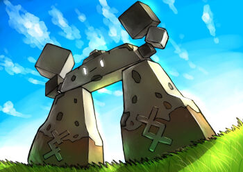 arms_up blue_sky closed_mouth cloud commentary_request day full_body gen_8_pokemon glowing glowing_eyes grass kaosu_(kaosu0905) nintendo no_humans outdoors pokemon pokemon_(creature) pokemon_focus sky solo stonjourner white_eyes