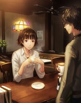 10s 1boy 1girl amamiya_ren anbe_yoshirou black_hair blunt_bangs book braid brown_eyes brown_hair cafe ceiling_fan chair coffee_pot collared_shirt counter crown_braid cup disposable_cup elbow_rest glasses highres holding holding_cup indoors long_sleeves looking_at_another mug niijima_makoto parted_lips persona persona_5 plant potted_plant profile red_eyes saucer shirt short_hair smile steam twitter_username white_shirt