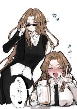 1girl alcohol beer beer_glass blue_eyes blush breast_rest breasts breasts_on_table brown_hair closed_eyes drunk highres index_finger_raised jacket limbus_company long_hair long_sleeves messy_hair molar_office_(identity)_(project_moon) musical_note necktie project_moon rodion_(project_moon) shirt solo spoken_musical_note star_(symbol) sunglasses sweater_vest white_shirt zwei_association_south_uniform