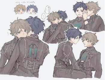 2boys black_nails blue_hair bracelet brown_hair commentary_request covered_mouth ear_chain ear_piercing ensemble_stars! evil_telephone_(ensemble_stars!) eye_contact fang fingernails fushimi_yuzuru green_eyes grey_background hand_up highres jacket jewelry linked_piercing long_sleeves looking_at_another male_focus mole mole_under_eye multiple_boys multiple_views notice_lines open_clothes open_hand open_jacket open_mouth piercing purple_eyes short_bangs short_hair simple_background speech_bubble takamine_midori teeth translation_request ushio_(bingo1910) whispering whispering_in_ear yaoi