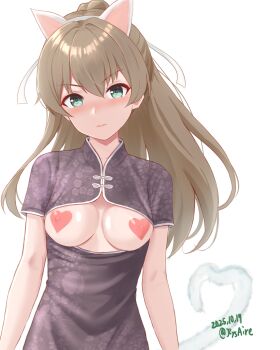 1girl ame-san animal_ear_hairband animal_ears aqua_eyes blush breasts brown_hair china_dress chinese_clothes cleavage_cutout clothing_cutout commentary_request covered_erect_nipples dated dress fake_animal_ears hairband heart_pasties highres kantai_collection kumano_(kancolle) long_hair looking_at_viewer pasties ponytail print_dress short_sleeves simple_background solo twitter_username upper_body white_background