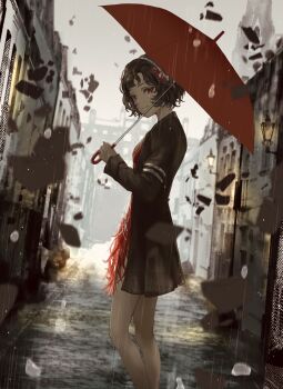 1girl black_coat black_hair blurry blurry_background closed_mouth coat debris dress feather_dress feather_hair_ornament feathers feet_out_of_frame from_side grey_sky hair_ornament hairband hashtag-only_commentary hibise highres holding holding_umbrella lamppost looking_at_viewer outdoors rain red_dress red_eyes red_umbrella reverse:1999 road schneider_(reverse:1999) shards short_dress short_hair sky smile solo standing street tearing_up umbrella white_hairband
