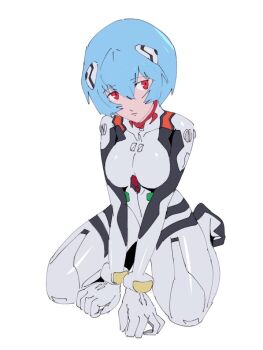 1girl ayanami_rei bad_id bad_twitter_id between_legs blue_eyes bodysuit breasts expressionless hand_between_legs highres interface_headset_(evangelion) looking_at_viewer mecha_pilot_suit neon_genesis_evangelion plugsuit_(evangelion) red_eyes short_hair simple_background sitting solo swirl9017 wariza white_background white_bodysuit