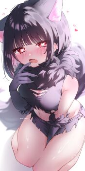 1girl absurdres animal_ears between_legs black_claws black_shirt blue_archive cat_ears cat_girl colored_inner_animal_ears colored_inner_hair crop_top extra_ears fake_claws fang fur-trimmed_gloves fur_scarf fur_sleeves fur_trim gloves halloween_costume halo hand_between_legs heart heart-shaped_pupils highres kazusa_(blue_archive) kazusa_(halloween)_(blue_archive) looking_at_viewer multicolored_hair na_nya777 open_mouth pink_hair pink_halo shirt skin_fang sleeveless sleeveless_shirt solo symbol-shaped_pupils two-tone_hair werewolf_costume