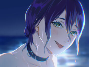 1girl black_choker blue_hair chainsaw_man choker green_eyes grenade_pin hair_between_eyes hair_bun highres looking_at_viewer nashimaru reze_(chainsaw_man) solo tongue tongue_out water wet wet_hair