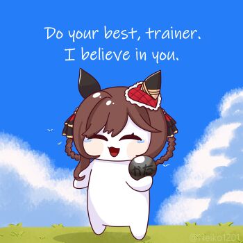 absurdres animal_ears blue_sky blush blush_stickers braid braided_hair_rings brown_hair closed_eyes cloud commentary doro_(nikke) ear_covers ear_ornament english_commentary english_text facial_hair gentildonna_(umamusume) goddess_of_victory:_nikke grass hair_between_eyes hair_rings heart-shaped_ornament heart_ear_ornament highres holding horse_ears horse_girl metal_ball neiko1201 open_mouth sky smile solo tearing_up umamusume