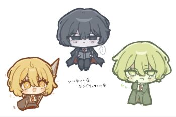 ... :< black_coat black_eyes black_hair black_pants black_sleeves blonde_hair blush book chibi chibi_only closed_mouth coat coat_on_shoulders collared_shirt commentary_request don_quixote_(project_moon) dress_shirt empty_eyes eyelashes flying_sweatdrops green_eyes green_hair hand_on_own_face hand_up holding holding_book holding_polearm holding_weapon ikomiki_o0 lance limbus_company long_sleeves looking_at_another looking_at_viewer necktie open_book open_clothes open_coat open_mouth outstretched_arms pants polearm project_moon red_coat red_necktie shirt short_hair sinclair_(project_moon) sitting spoken_ellipsis spread_arms tareme translation_request tsurime two-sided_coat two-sided_fabric undershirt weapon white_background white_shirt yellow_eyes yi_sang_(project_moon)