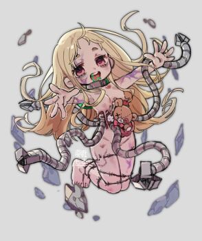 1girl absurdres blonde_hair breasts bruise cable collar commentary completely_nude debris empty_eyes eritoran_(akubimtcat) eyelashes full_body grey_background guro highres injury long_hair looking_at_viewer monsha_moa nagai_gojitsudan_no_nechronica nude outstretched_arms petite pink_eyes simple_background small_breasts solo stitched_leg stitches stuffed_animal stuffed_toy teddy_bear tentacles toes very_long_hair watermark zombie zombie_pose